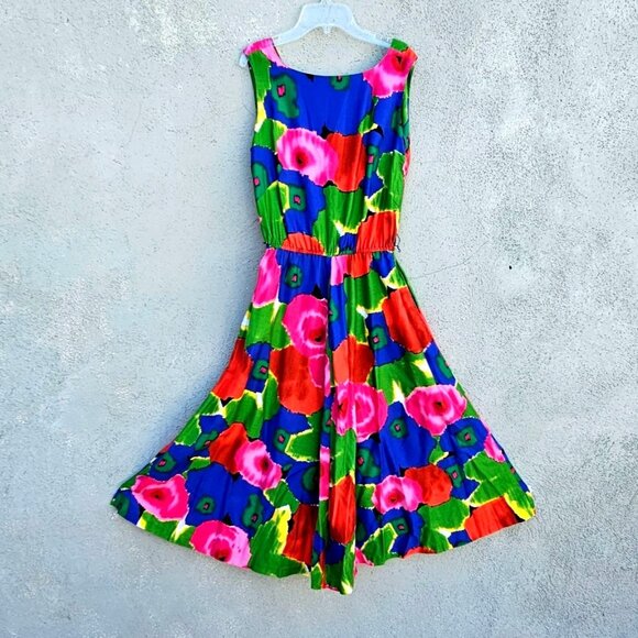 Lanz Originals 80s Bright Floral Sleeveless Fit Flare Midi Dress Size M Pockets - Picture 3 of 9